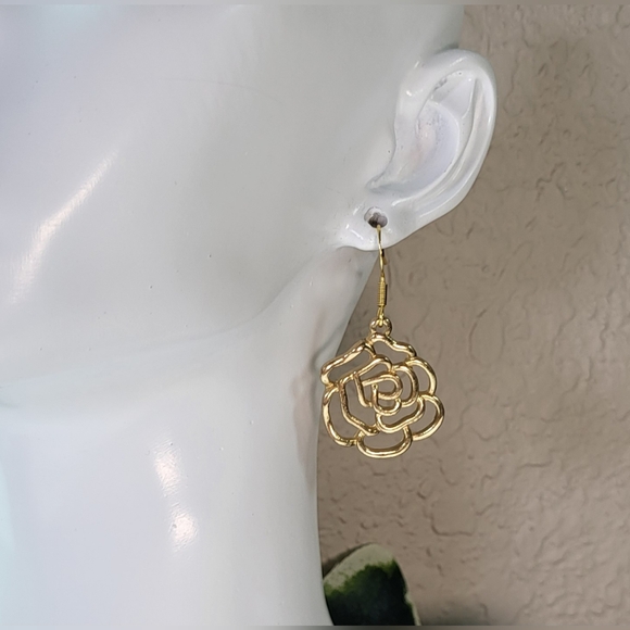 Gold Filigree Rose Statement Dangle Earrings / Pierced - Picture 2 of 5